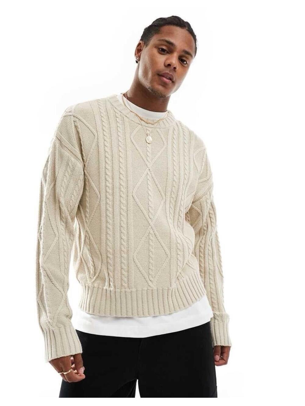$59.99 Cotton on Mens Stone Marl Cable Knit Jumper in Neutral Size Medium